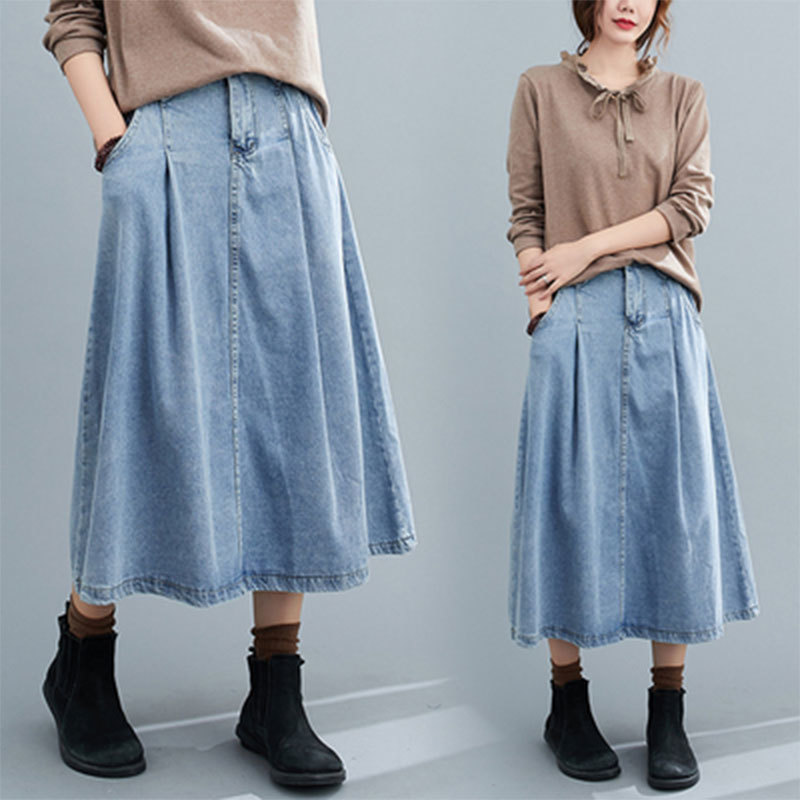 Autumn Arts Style Women High Waist Cotton Denim Skirts All-matched Casual Vintage A-line Long Skirt Plus Size M647 210512