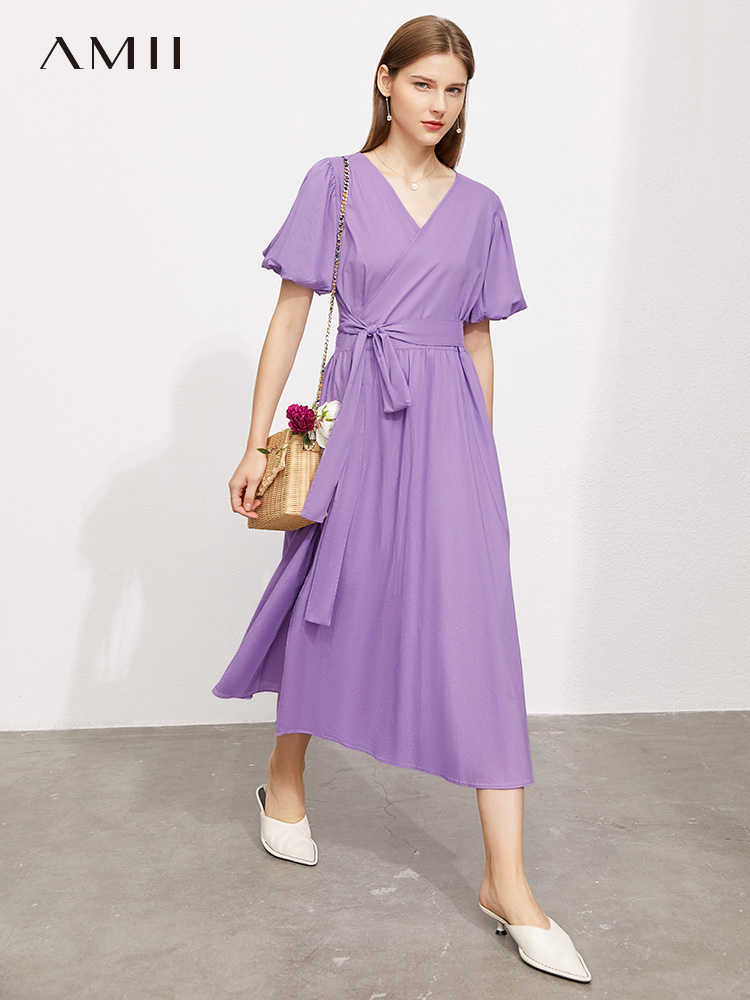 Minimalism Summer Vintage Women's Dress Fashion Cotton Vneck Puff Sleeve High Waist Aline 12170086 210527