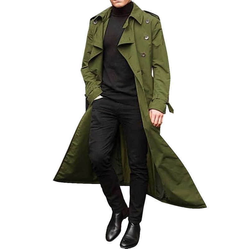 spring autumn men's long windbreaker solid color fashion casual jacket lapel double-breasted male trench coat overcoat 210819