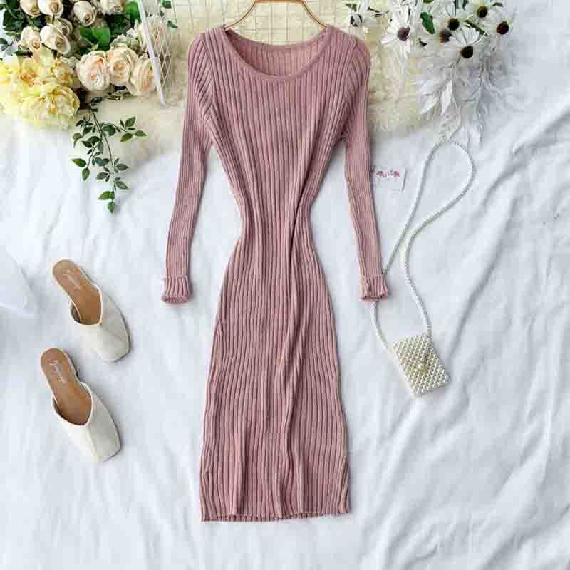 Women Vintage Knit Dress Autumn Long Sleeve O Neck High Elasticity Slim Bodycon Dress Casual Ladies Solid Sweater Vestidos 210521