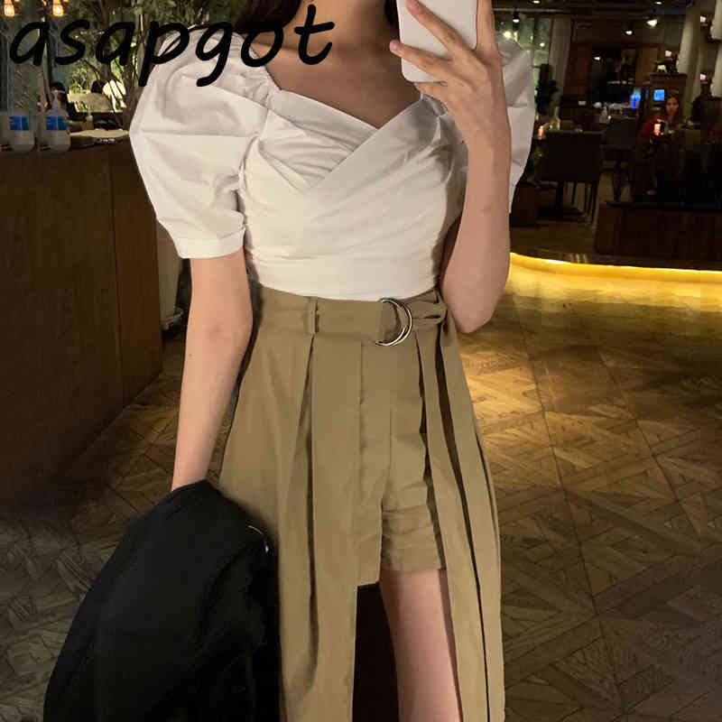 Summer V Neck Puff Short Sleeve White Blouse Tops Shirts High Waist Khaki Irregular Skirt s Streetwear Retro Casual 210429