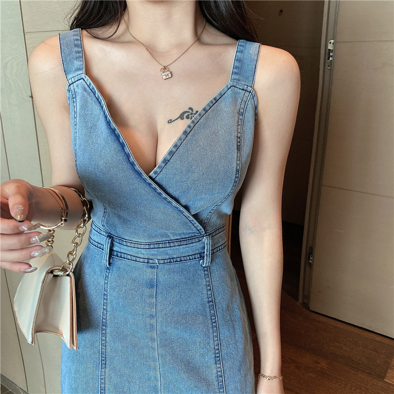Denim Solid Dress Women Summer Korean Sexy V-Neck Spaghetti Strap Elegant High Waist Bodycon Slim Long Dresses Vestidos 210519