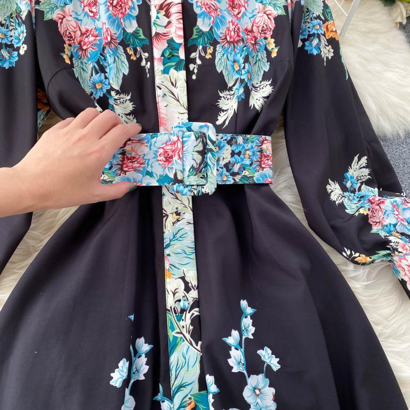 SINGRAIN Women Retro Print Maxi Dress Korean Turn-down Collar Puff Sleeve A-line Dresses Autumn Bohemian Streetwear Long Dress 210409