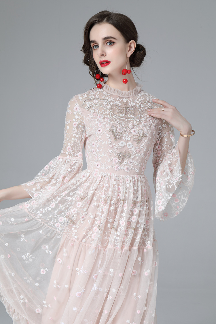 Women's Runway Dress O Neck Flare Sleeves Embroidery Elegant Fashion Party Prom Gown