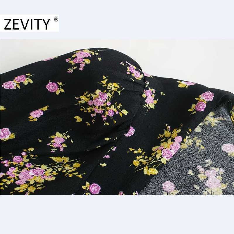 ZEVITY Women Vintage Pleats Square Collar Floral Print Side Zipper dress Ladies Puff Sleeve Business Vestido Chic Dresses DS4519 210603
