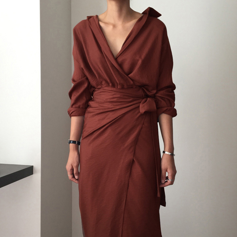 Chic V Neck Wrap Dress Women Solid Long Sleeve Elegant Office Ladies Dresses Vintage Midi Dress Vestidos Mujer 210414