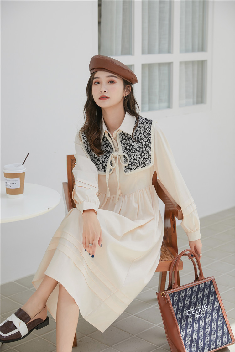 Vintage 2 Piece Long Sleeve Korean Shirt Dress Women Autumn Beige A Line Half Button Collar With Cape 210427