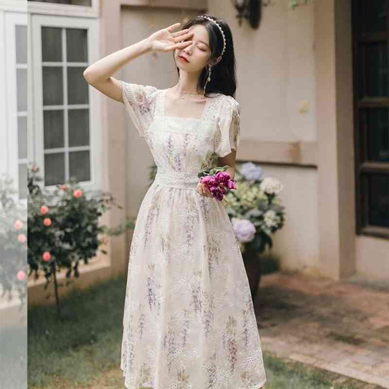 Sweet Vintage Midi Dress Women Casual Short Sleeve Elegant Lace Foral Dress Female Evening Party Chic Dress Korean 210521
