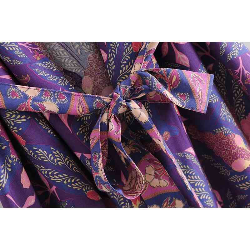 Bohemia V neck Celosia Flower Print Long Kimono Shirt Purple Ethnic Women Lacing up Bow Sashes Cardigan Loose Blouse Tops 210429