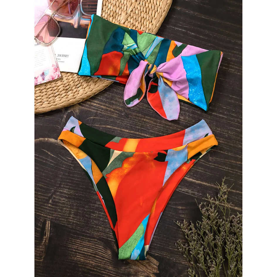 Sexy Knot Bandeau Bikini Swimsuit Women Swimwear Female High Waist Bikinis Set Swimming for Bathing Suit Woman 210611