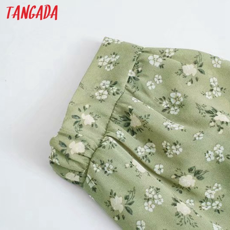 Women Retro Green Floral Print Crop Short Sleeve Summer Chic Female Sexy Slim Shirt Tops 3D50 210416