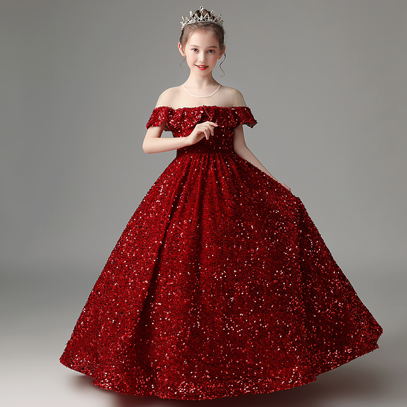 Eye Catching Burgundy Spakling Sequins Flower's Dresses Sheer Neckline Floor Length Ball Gown Girl's Party Dress