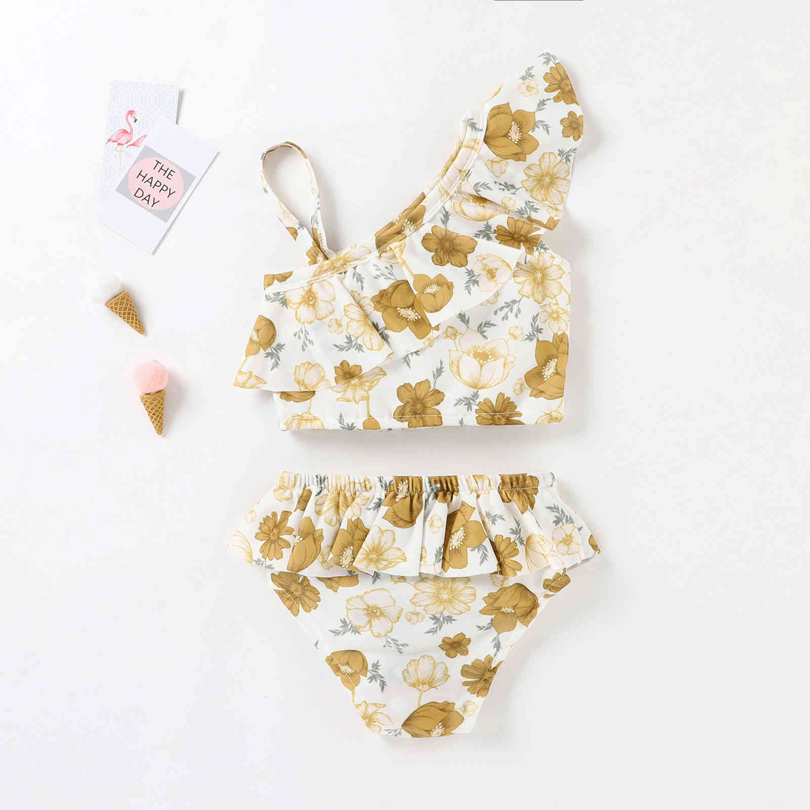 6M-3Y Summer Flower Toddler born Infant Baby Girl Swimsuit Ruffles One Shoulder Tops Shorts Swimwear Bathing Suit 210515