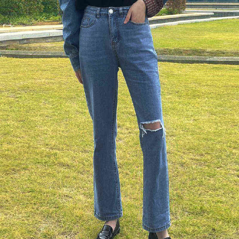 Hole Ripped Straight Mom Baggy Jeans Women High Waist Casual Y2K Streetwear 90s Wide Leg Boyfriend Pants Hollow Denim Trousers 211129