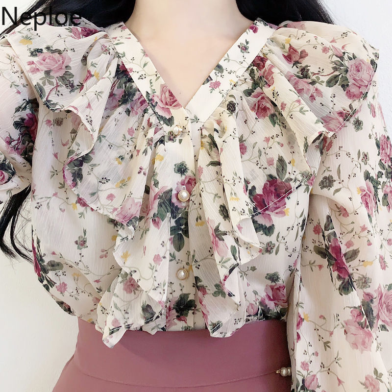 Neploe Korean Blouses for Women Floral Chiffon Shirts Long Sleeve Ruffles Elegant Lady Tops Fashion Blusas Mujer De Moda 210422