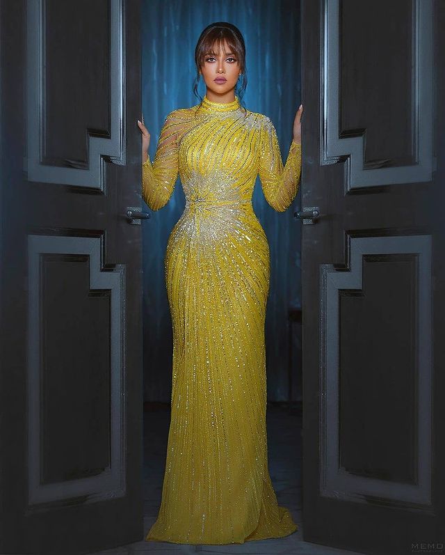 Plus Size Arabic Aso Ebi Yellow Luxurious Sparkly Prom Dresses Beaded Sequined Sheath Evening Formal Party Second Reception Gowns ZJ205