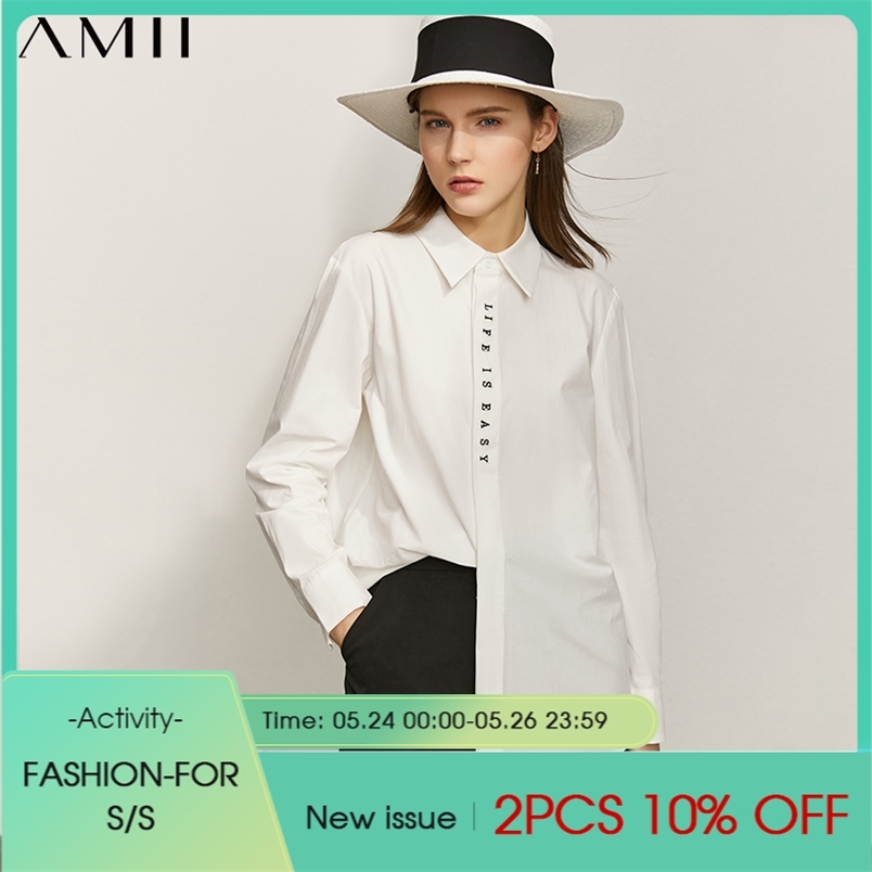 Minimalism Summer Women's Shirt Offical Lady 100%cotton Letter Embroidery Lapel Loose Blouse Tops 12130199 210527