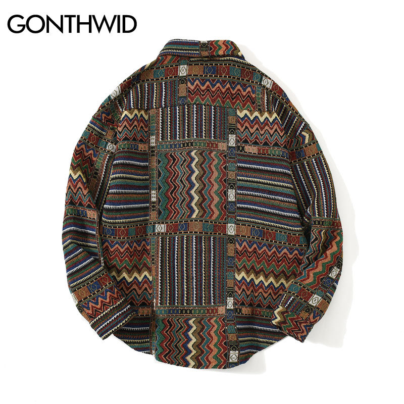 GONTHWID National Style Color Block Geometric Pattern Long Sleeve Tees Shirts Streetwear Hip Hop Harajuku Casual Loose Shirt Top 210410