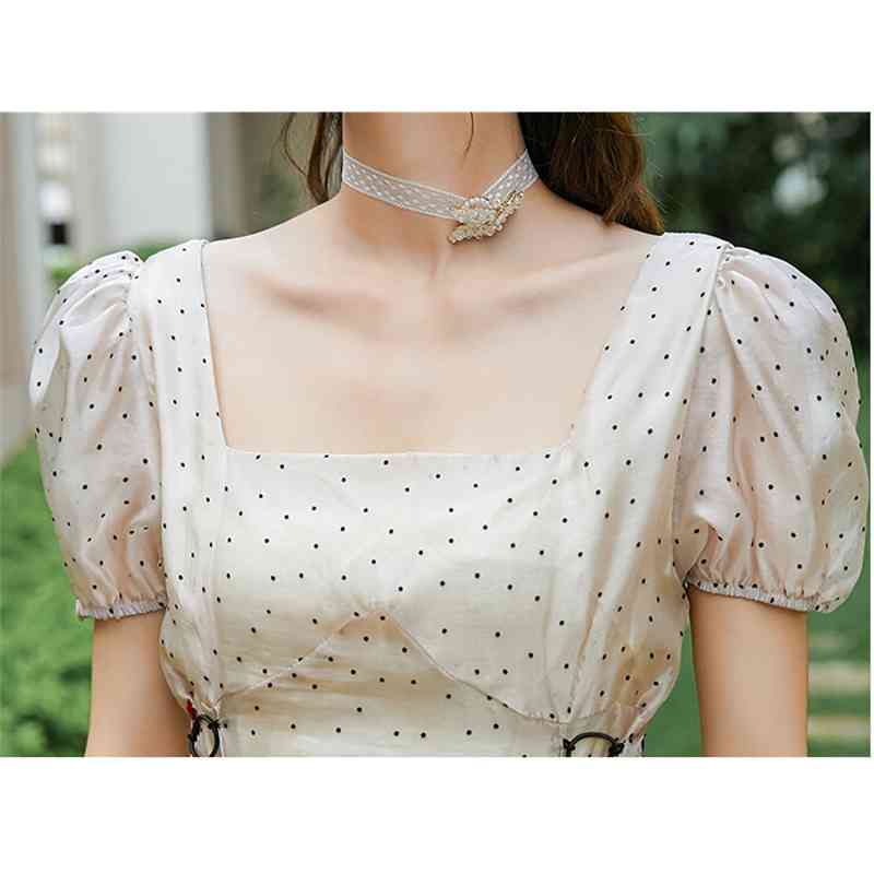 Vintage Elegant Square Neck Dot Summer Dress Casual Embroidery Flowers Lace Up A Line Dres Midi Robes Korean 210520