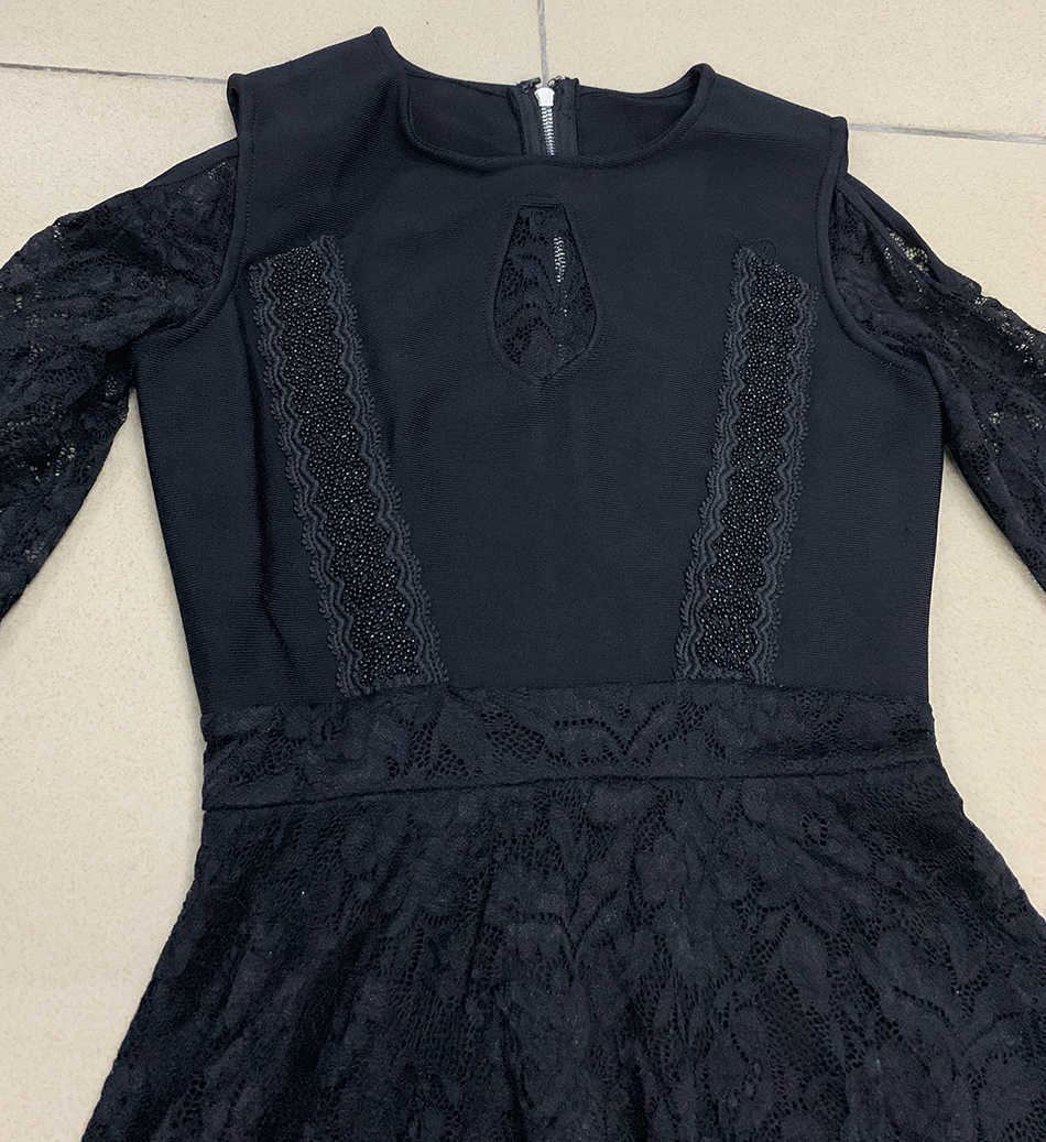 Summer Women'S Black Long-Sleeved Mini Lace Rayon Bandage Dress Sexy Hollow Club Star Party 210525