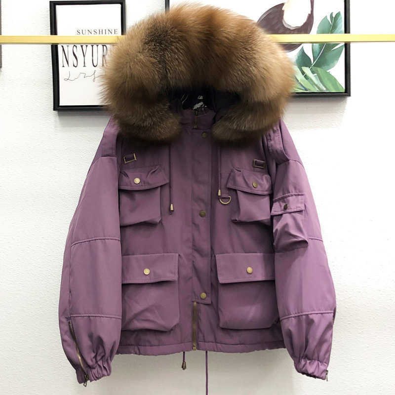 90% White Duck Down Jacket Real Raccoon Fur Hooded 2020 Female Thicken Warm Winter Down Coat Women Short Loose Feather Snow Coat T200831