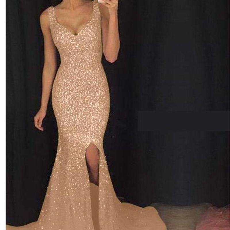Women Dress Deep V Neck Sleeveless Sequin Party Dresses Slim High Waist Split Spaghetti Strap Maxi Plus Size 210524