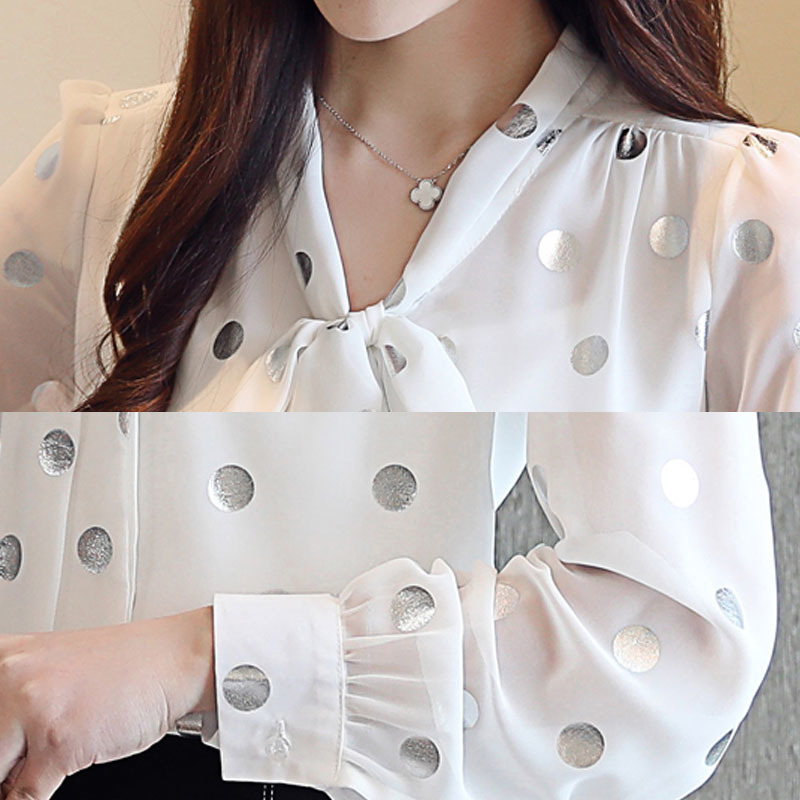 Blouse women spring white long sleeve shirts for tops bow chiffon blouse Polka Dot V-Neck blusas femininas 7960 50 210427