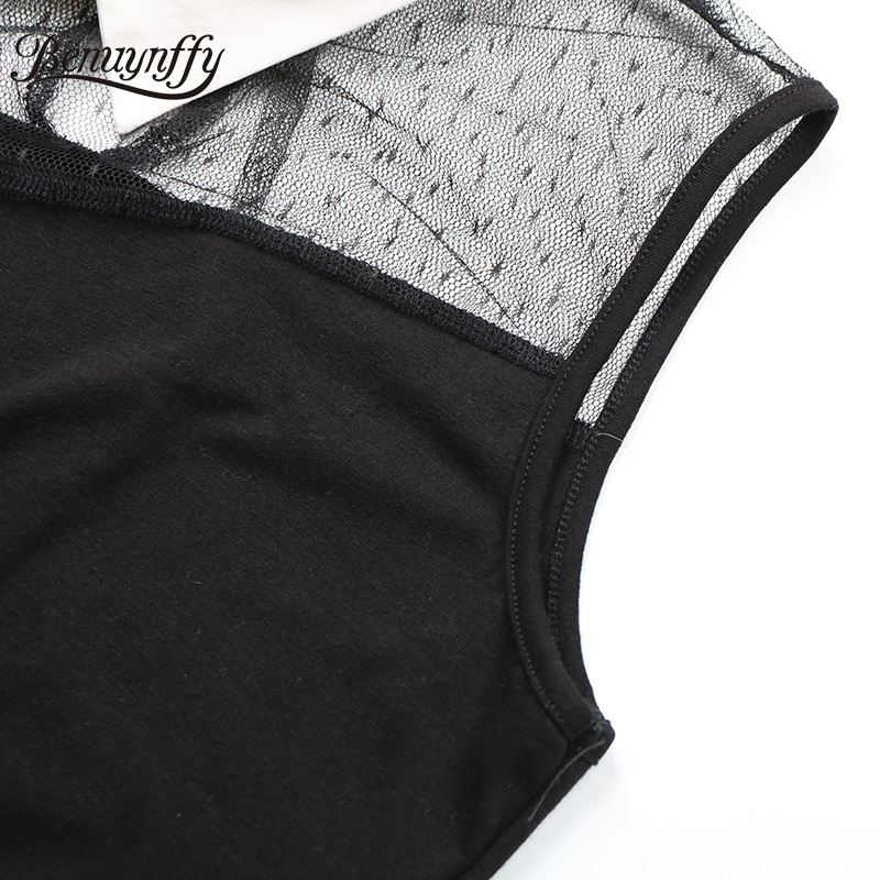 Black Elegant Sexy Mesh Bodysuits Women Summer Sleeveless Office Lady Slim High Waist Body Tops with White Collar 210510