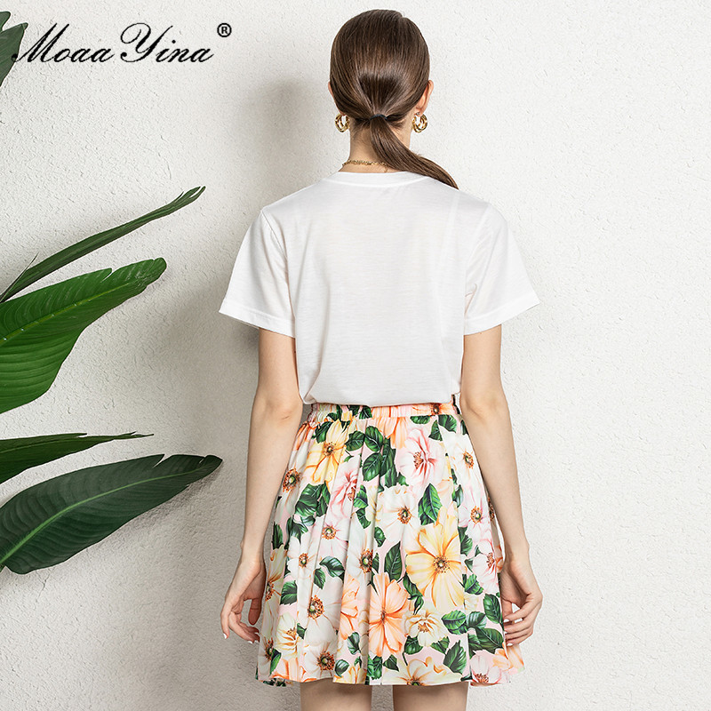 Summer Vintage Floral print Short Skirts Set Women Casual White T-Shirt and Two Pieces Suit 210524
