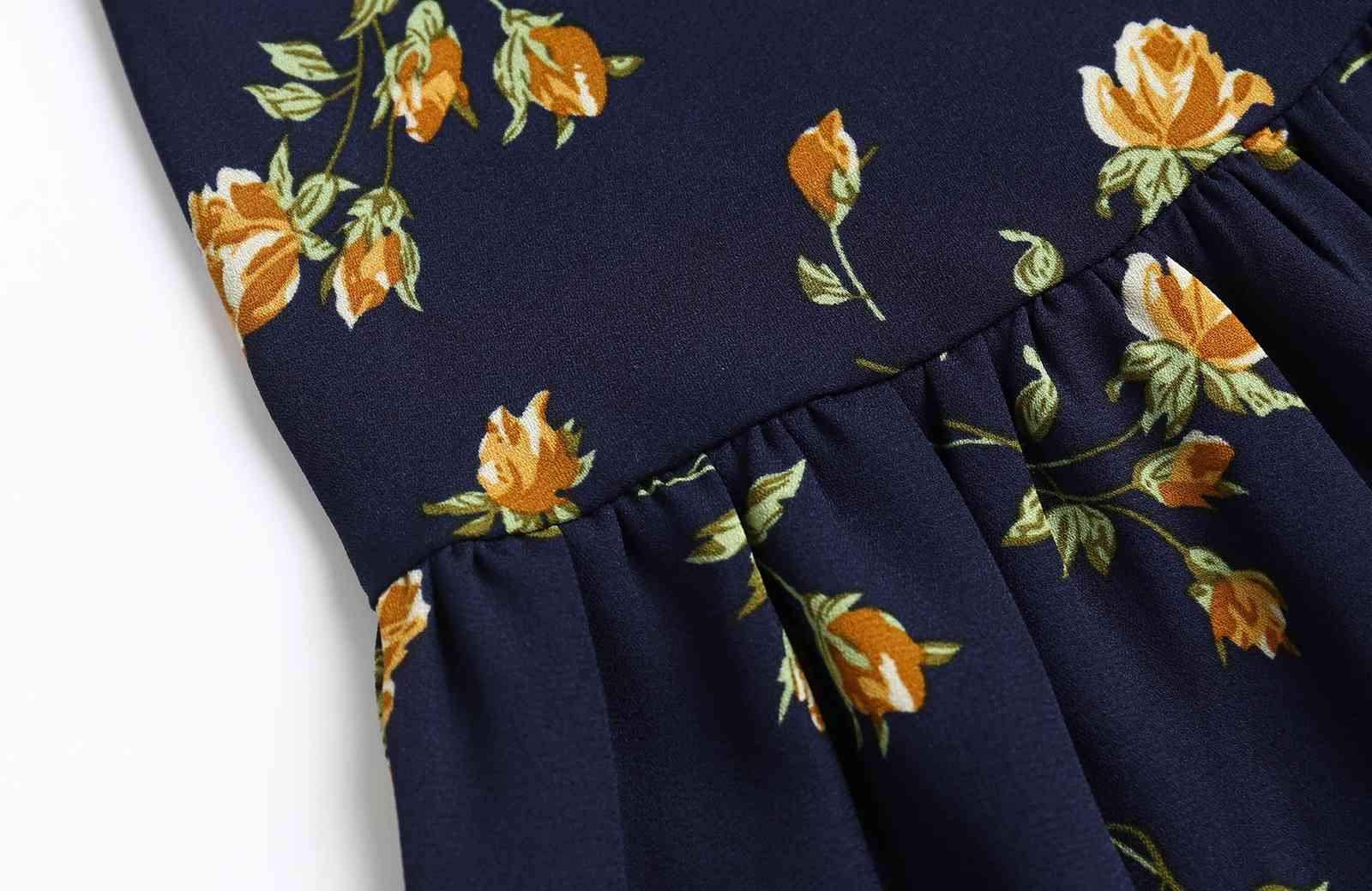 Vintage French Flower Print Bandage Spaghetti Strap Ruffles Hem Midi Dress Navy Retro Women Tie Bow Sling Dresses Holiday 210429