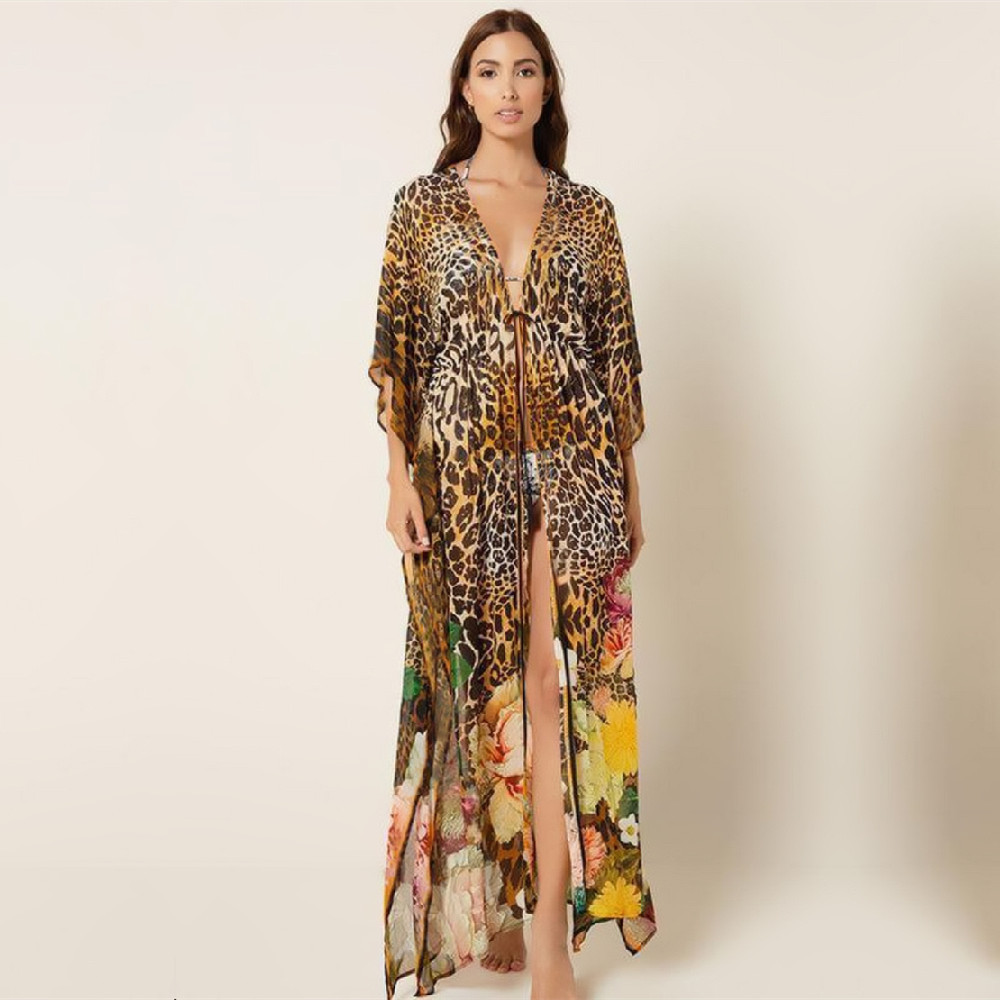 Print Chiffon Beach Cover up Tunics for Long Kaftan Bikini Robe de Plage Sarong Swimsuit cover Q1178 210420