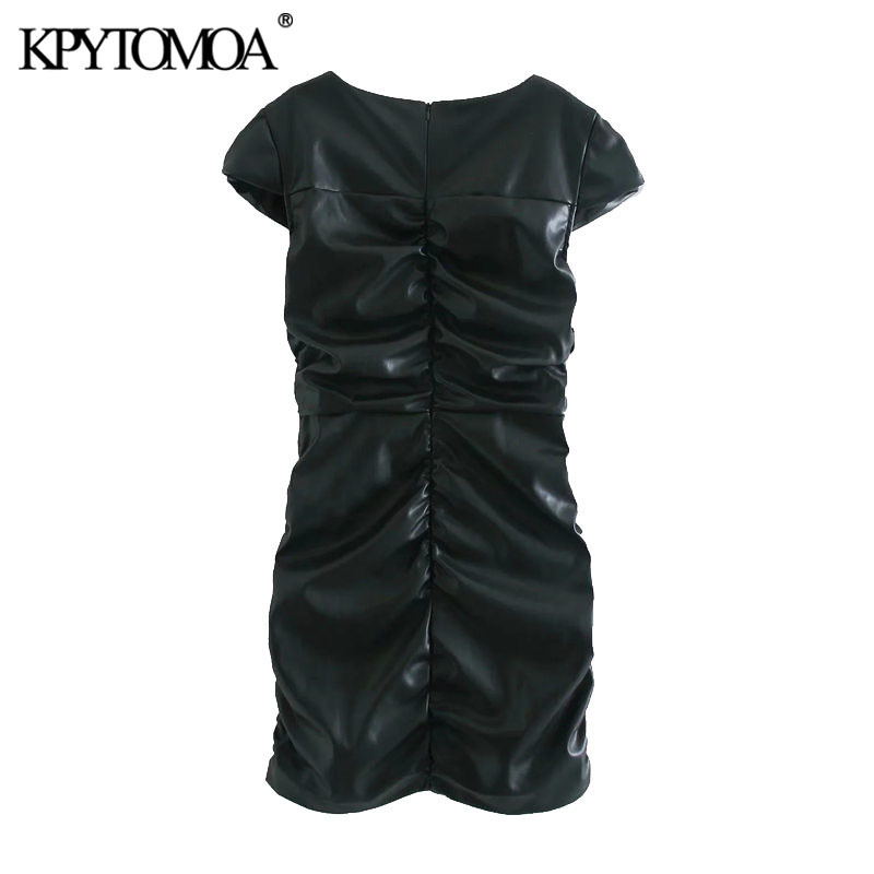 Women Chic Fashion Faux Leather Pleated Mini Dress Vintage Short Sleeve Back Zipper Female Dresses Vestidos Mujer 210416