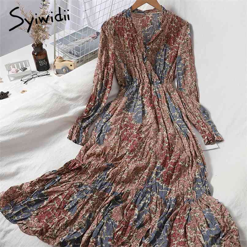 Fashion Floral Print High Waist Dresses Women Long Sleeve V-Neck A-line Pink Red Pleated Spring Summer Korean 210607
Fashion Floral Print High Waist Dresses Women Long Sleeve V-Neck A-line Pink Red Pleated Spring Summer Korean 210607