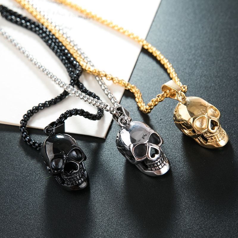 Fashion Punk Goth Stainless Steel Necklace Skull Head Pendant For Men Accessories Gothic Jewelry With 3MM Chain