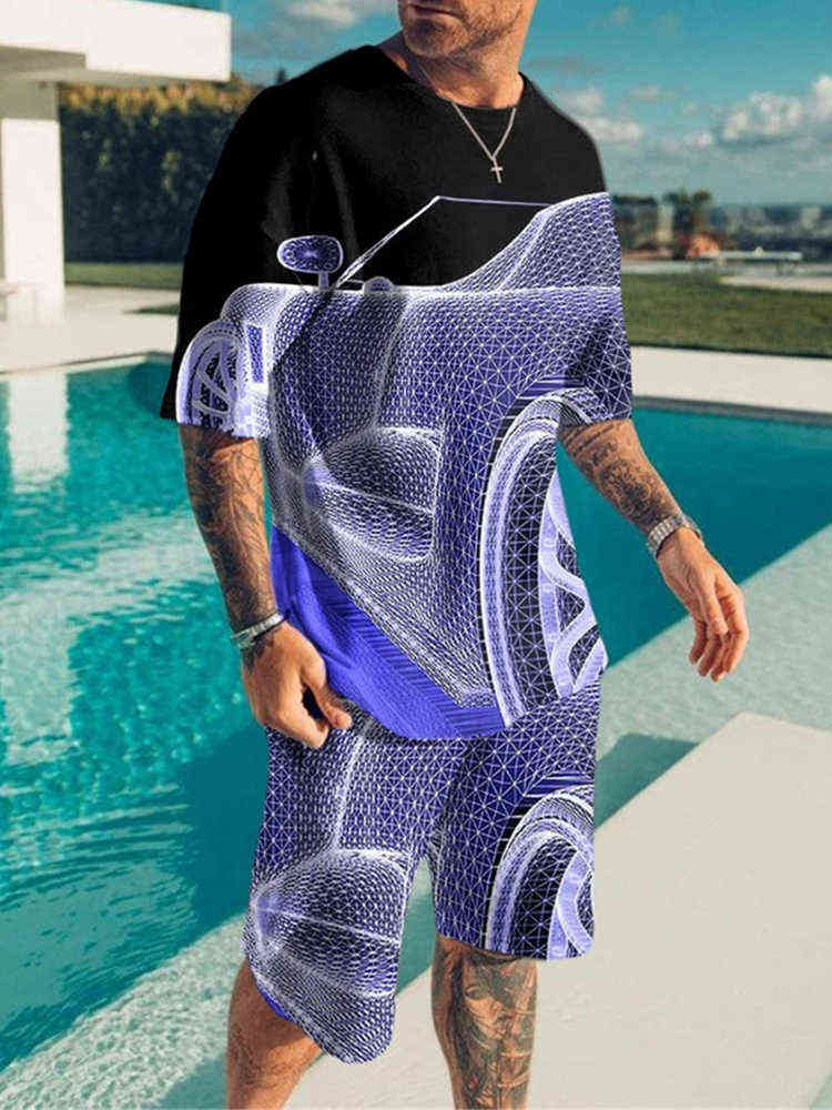 New Mens Set Fashion Casual Men Summer Tracksuit Sportwear Clothes Oversized T Shirt Short Sleeve T-shirts + Shorts 2 Piece Sets H1108