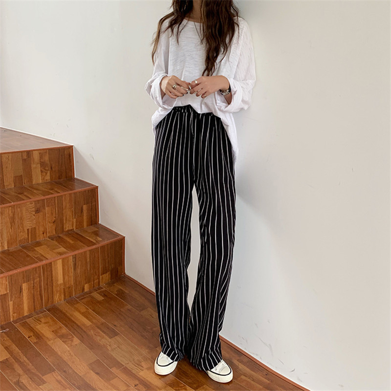 Minimalist Wide Leg Pants Women Bottoms Autumn Spring Stylish Office Lady High Waist Straight Striped Female 210421