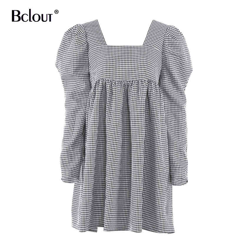 Bclout Black White Plaid Dress Vintage Puff Sleeve Mini Dress Woman Autumn Square Collar Casual Lady Vestido Zipper Sexy 210409