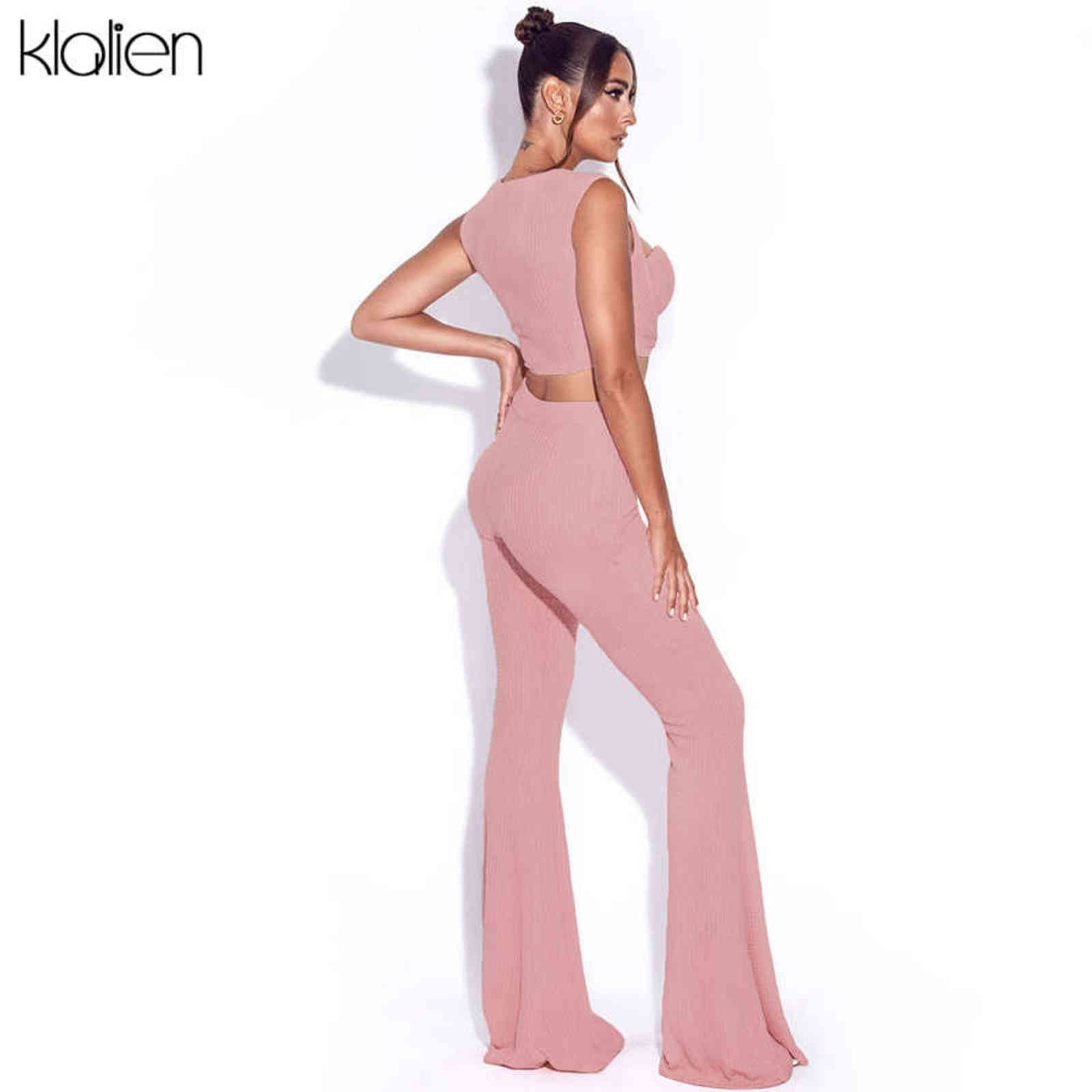 KLALIEN Fashion Elegant Office Lady Camisole and Flared Trousers Two Piece Set Women Casual Street Loose Stretch Solid Outfit 211105
