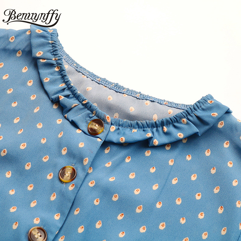 O-Neck Frill Trim Elegant Button Women Dresses Summer High Waist Short Sleeve Printing Long Dress with Belt 210510