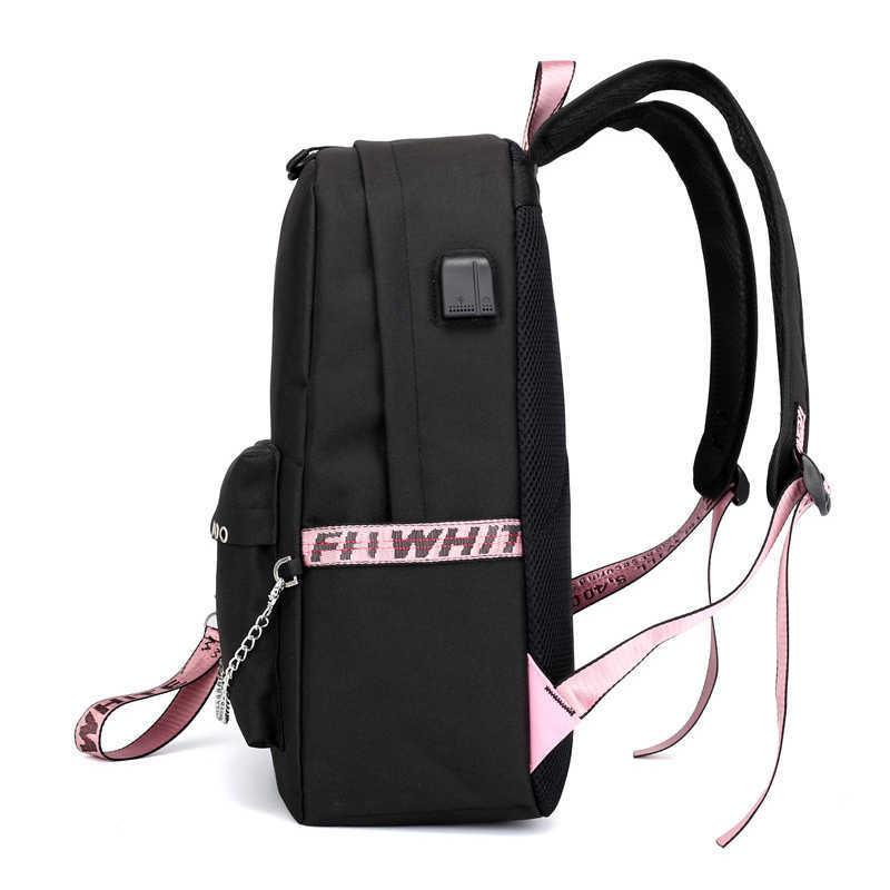 Female backpack Stranger Things Canvas Backpack Canvas Student Schoolbag Women Letters Print Girls Ribbons USB Charge Backpack Y0804
