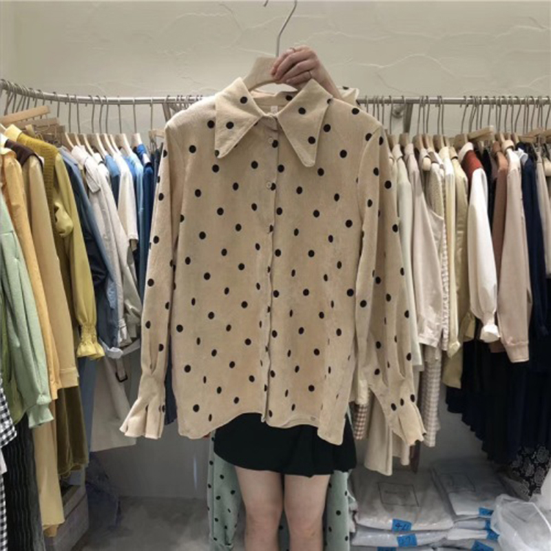 Arrival Autumn Women Turn-down Collar Long Sleeve Loose Shirt all-matched Casual Polka Dot Corduroy Blouse Tops S391 210512