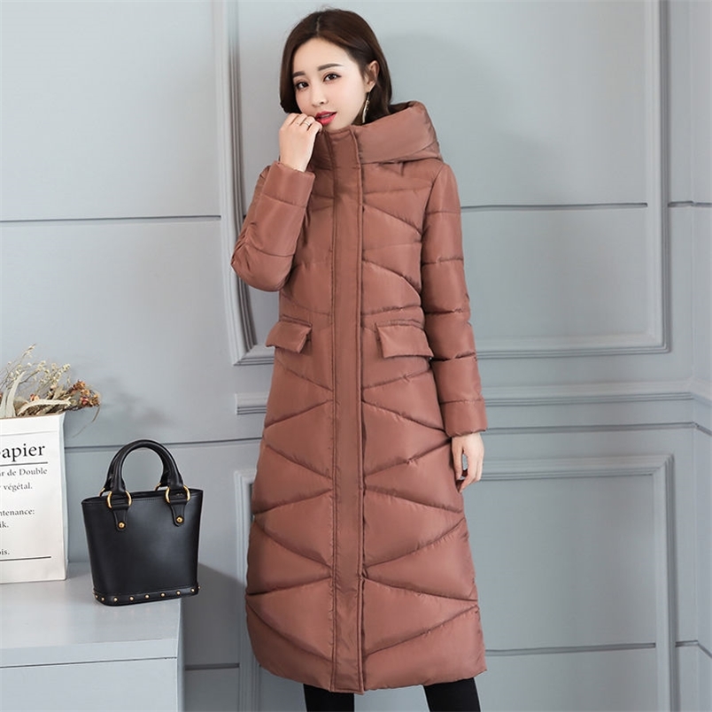Korea Fashion Women Slim Long Coat Plus Size Hooded Stand Collar Warm Cotton Parkas Winter Thick Jacket Ladies D241 210512