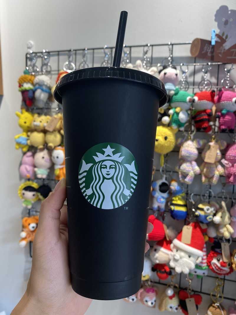 Starbucks Mug 24oz/710ml Plastic Tumbler Reusable Black Drinking Flat Bottom Cup Pillar Shape Lid Straw26WX