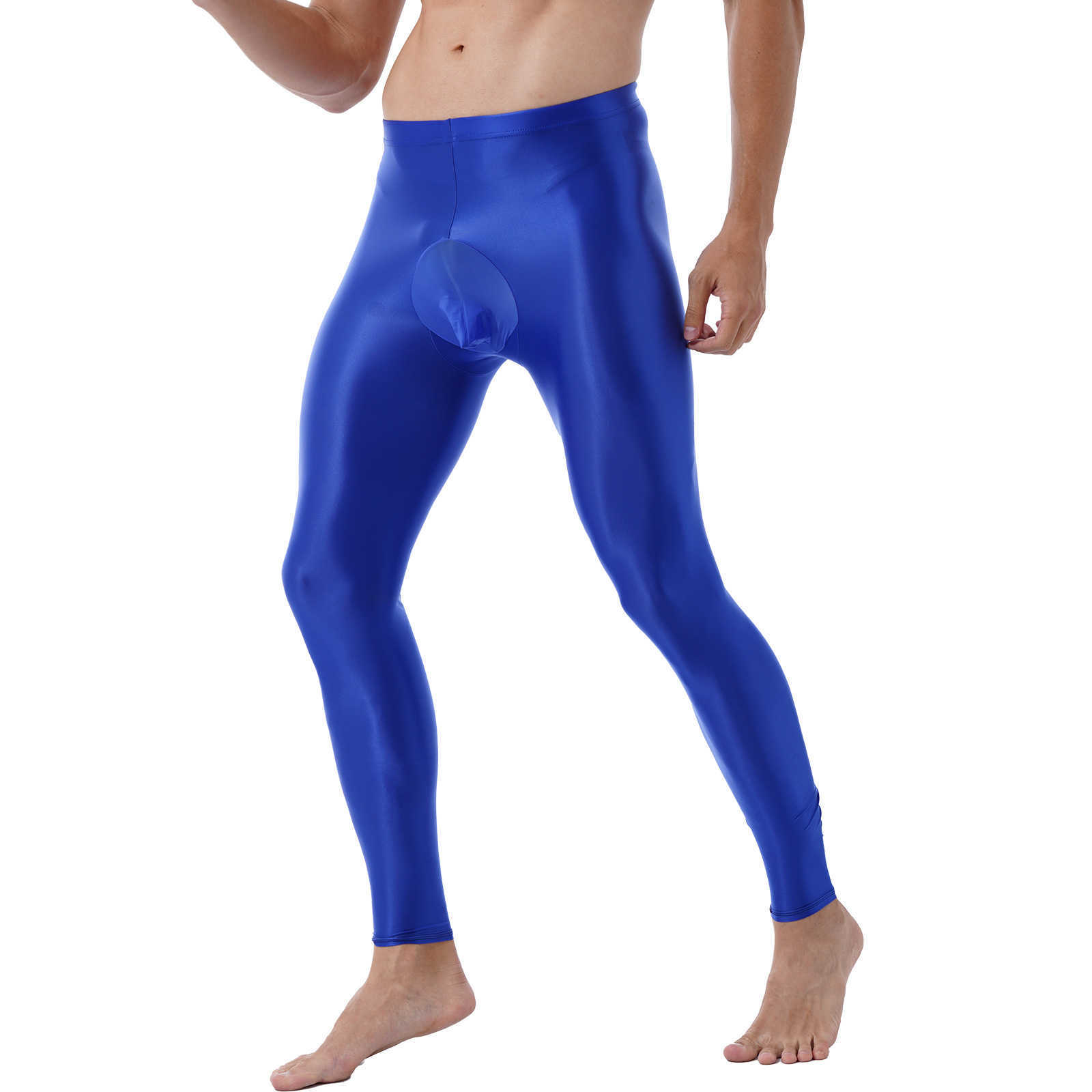 Mens Solid Color Glossy Pants Comfortable Bulge Pouch Pants Mid Elastic Waistband Stretchy Leggings Exotic Skinny Pants Y0811