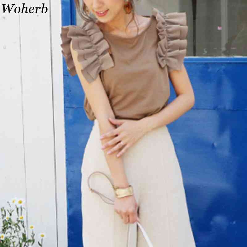 Korean Casual Ruffles Short Sleeve T-shirts for Women Chic Summer Solid Tshirt Female Fashion Top Lady Tees 210519