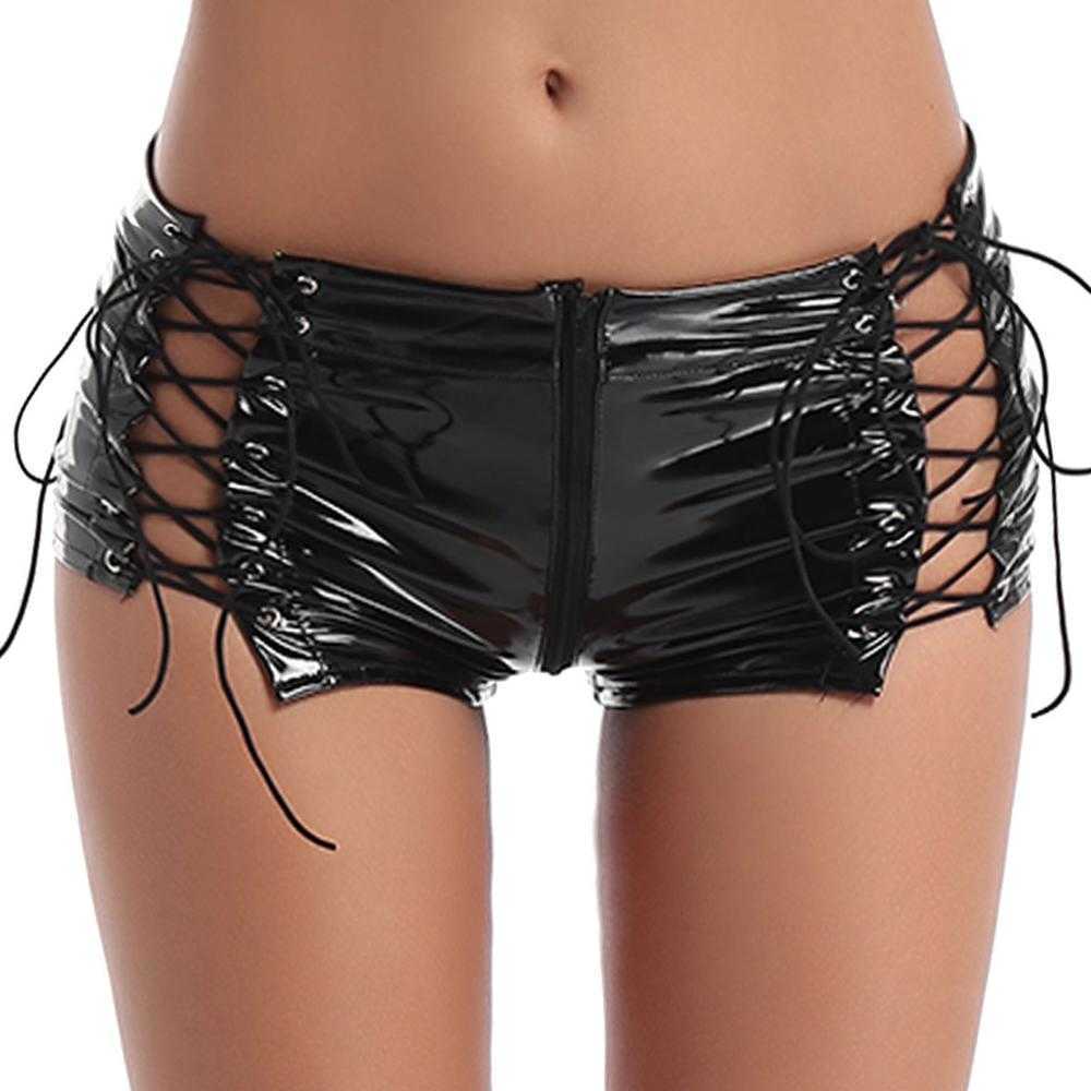 Womens Wetlook Sexy Mini Shorts Leather Low Rise Hollow Out Lace-up Zipper Crotch Booty Shorts for Night Cocktail Party Clubwear 210611