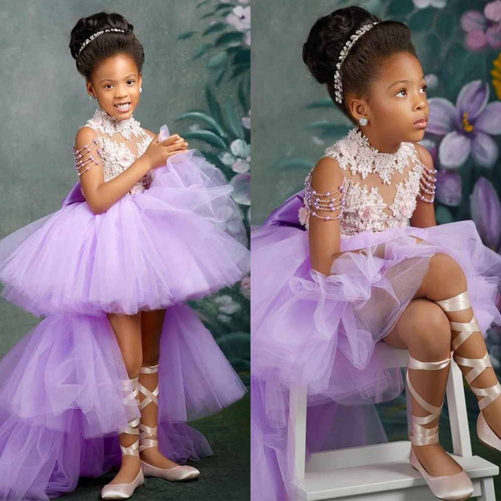 2021 Lilac Purple Flower Girl Dresses High Neck Hi Lo Lace Appliques Beads Bow Kids Girls Pageant Dress Tiered Sweep Train Birthday Gowns