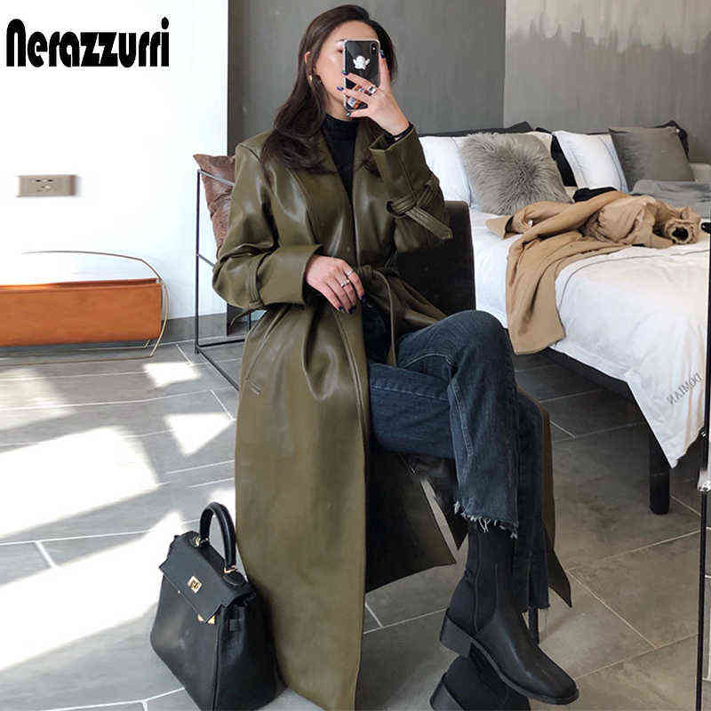 Nerazzurri Autumn long oversized leather trench coat for women long sleeve sashes Loose faux leather coats women fashion 211130