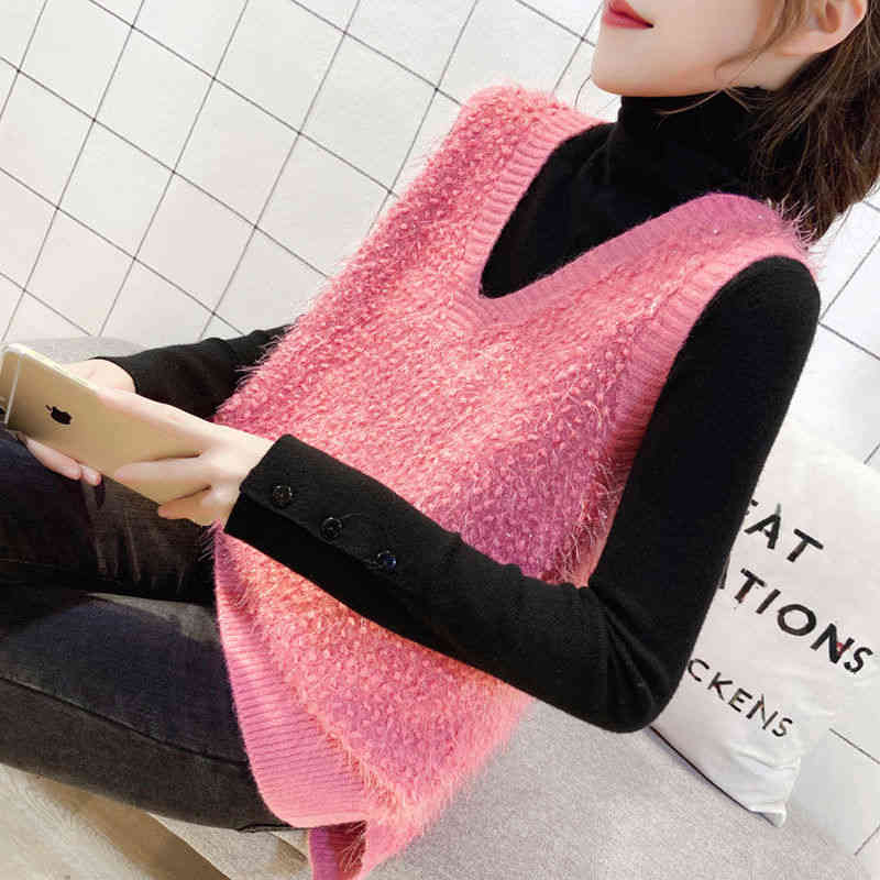 V-neck solid color pullover Korean style bright silk women's sweater vest knitted women loose outer wear 210514