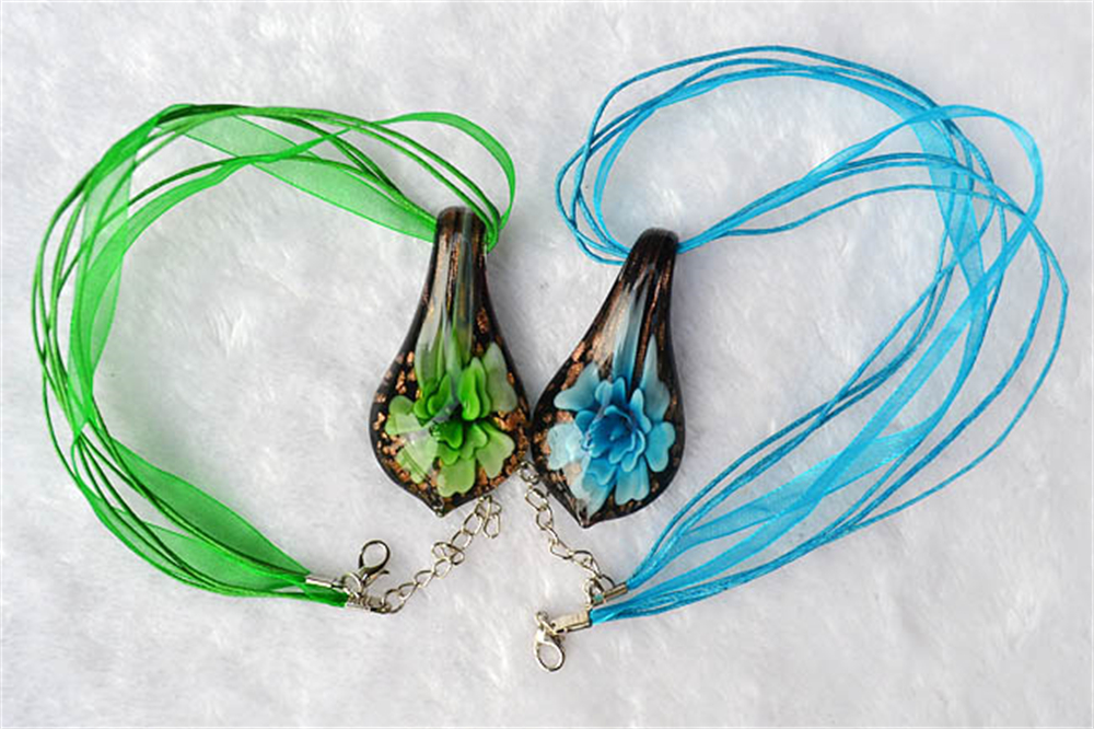 Charm Waterdrop Shape Art Murano Lampwork Glass Pendant Necklace Flowers Inside for Women Girls Summer Jewelry